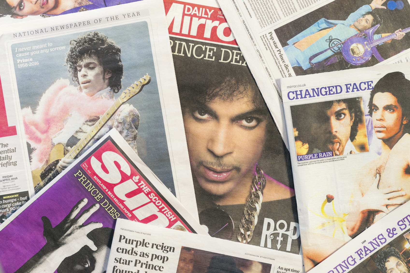 Edinburgh, UK - April 22, 2016: A selection of British newspapers featuring the musician Prince, following news of his death on 21st April 2016. Born in Minneapolis in 1958, Prince received widespread appreciation for his musical innovation and skill, as well as his commercial success.
UK newspapers featuring Prince, published in tribute following his death on 21st April 2016.
All artist royalties from sales of this file and others in the lightbox linked to below are donated to Oxfam, an international charity committed to finding lasting solutions to poverty and related injustice around the world.
Please click here to see the files in the Oxfam Donation lightbox.
Lightbox royalties donated to 1st August 2015: GBP 1,823.56 (USD 2,850.88)
Next date for donations: 1st August 2016